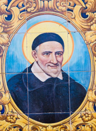 Saint Vincent de Paul 1581-1660. French Catholic priest and Saint. Ceramic tile for street named after de Paul, Cordoba, Cordoba Province, Spain. by Unknown